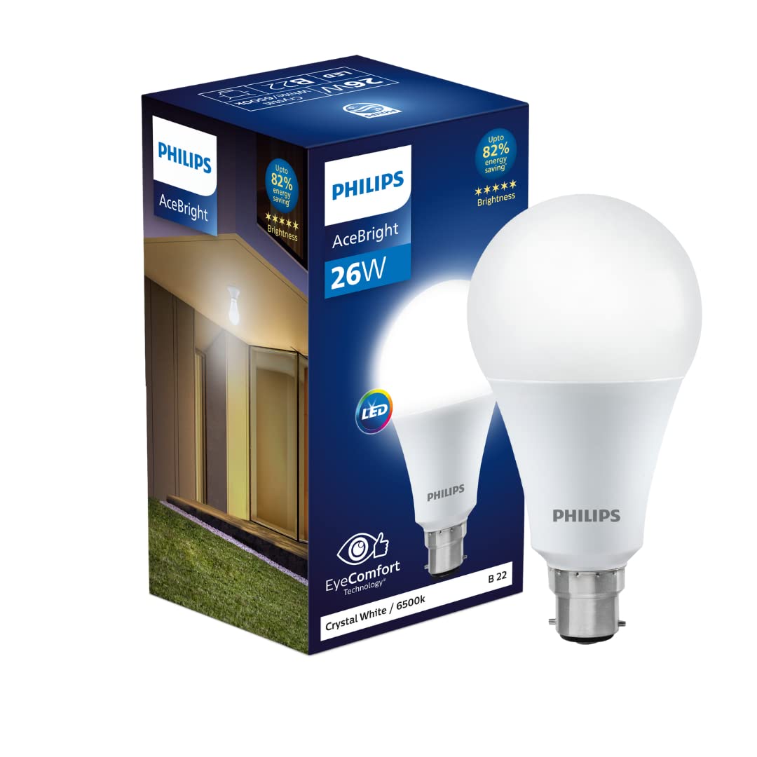 Philips 26-watt LED Bulb |AceBright High Wattage LED Bulb|Base: B22 Light Bulb for Home | Crystal White, Pack of 2