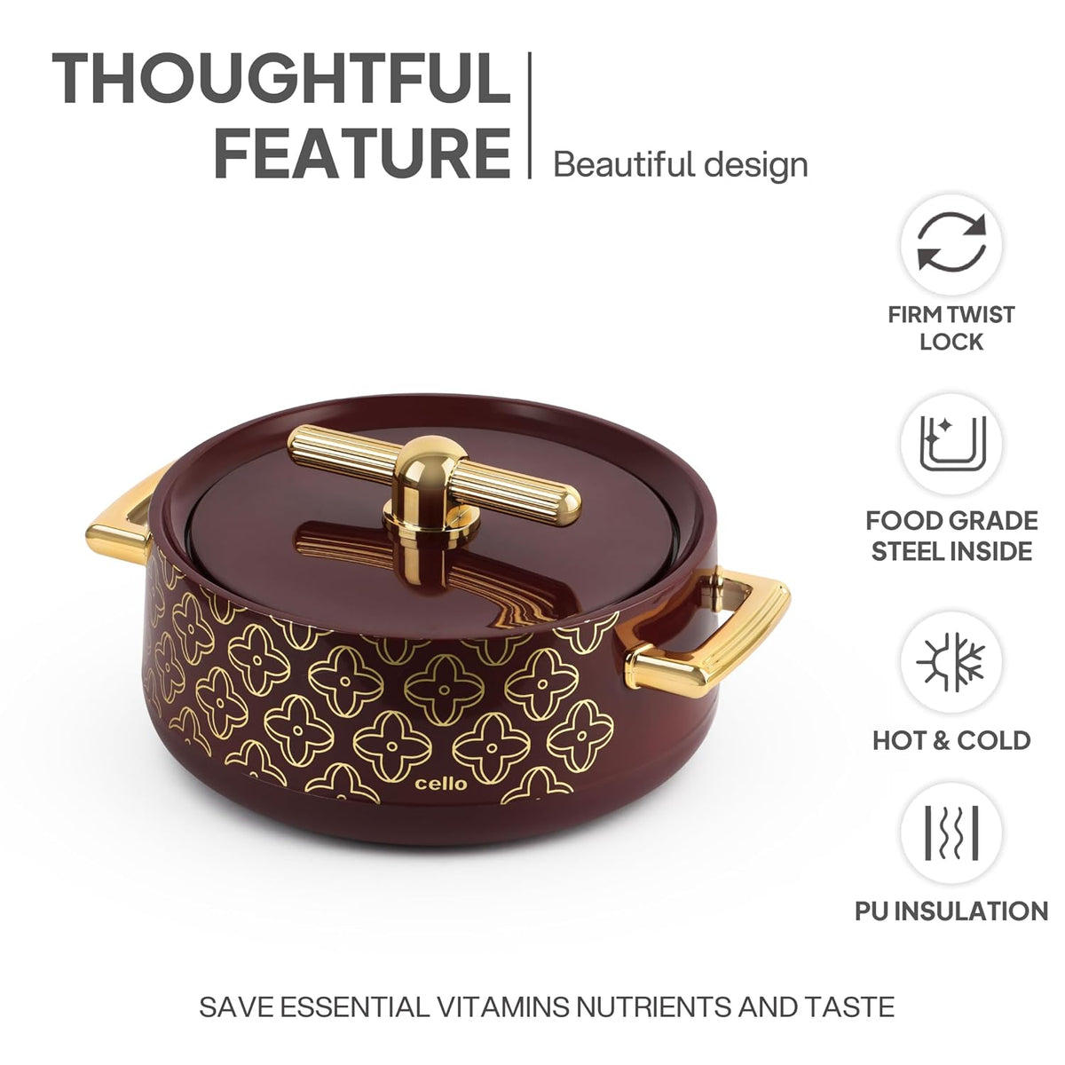 CELLO Jewel NX Insulated Serving Casserole Hot Pot Case for Daily Use 1500ml, Burgundy |