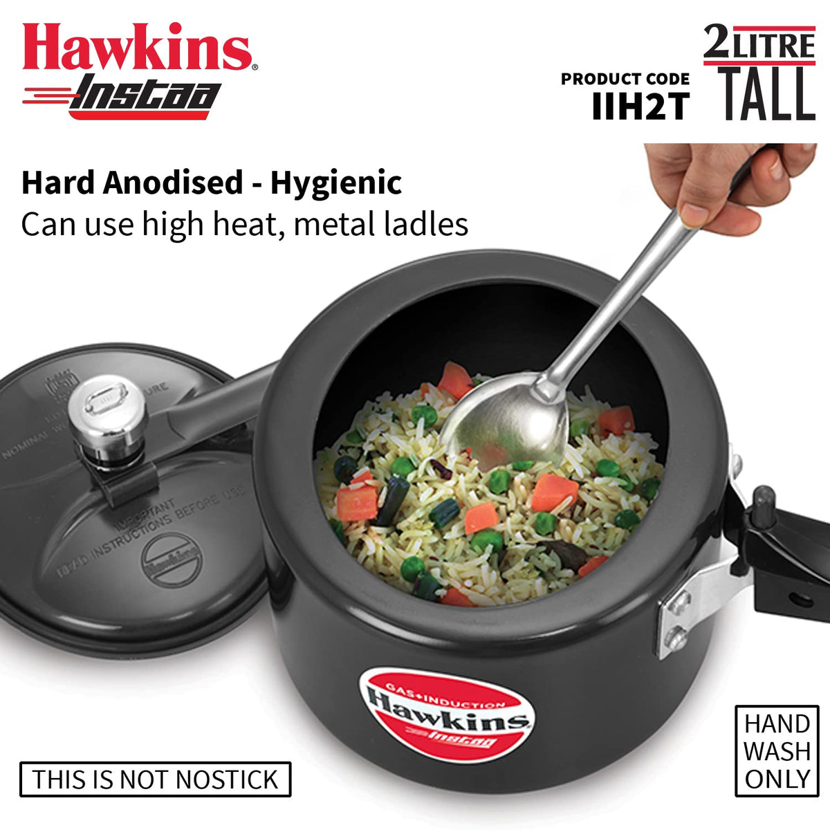 Hawkins 2 Litre Instaa Pressure Cooker, Induction Inner Lid Cooker, Tall Body Hard Anodised Cooker, Black (IIH2T)