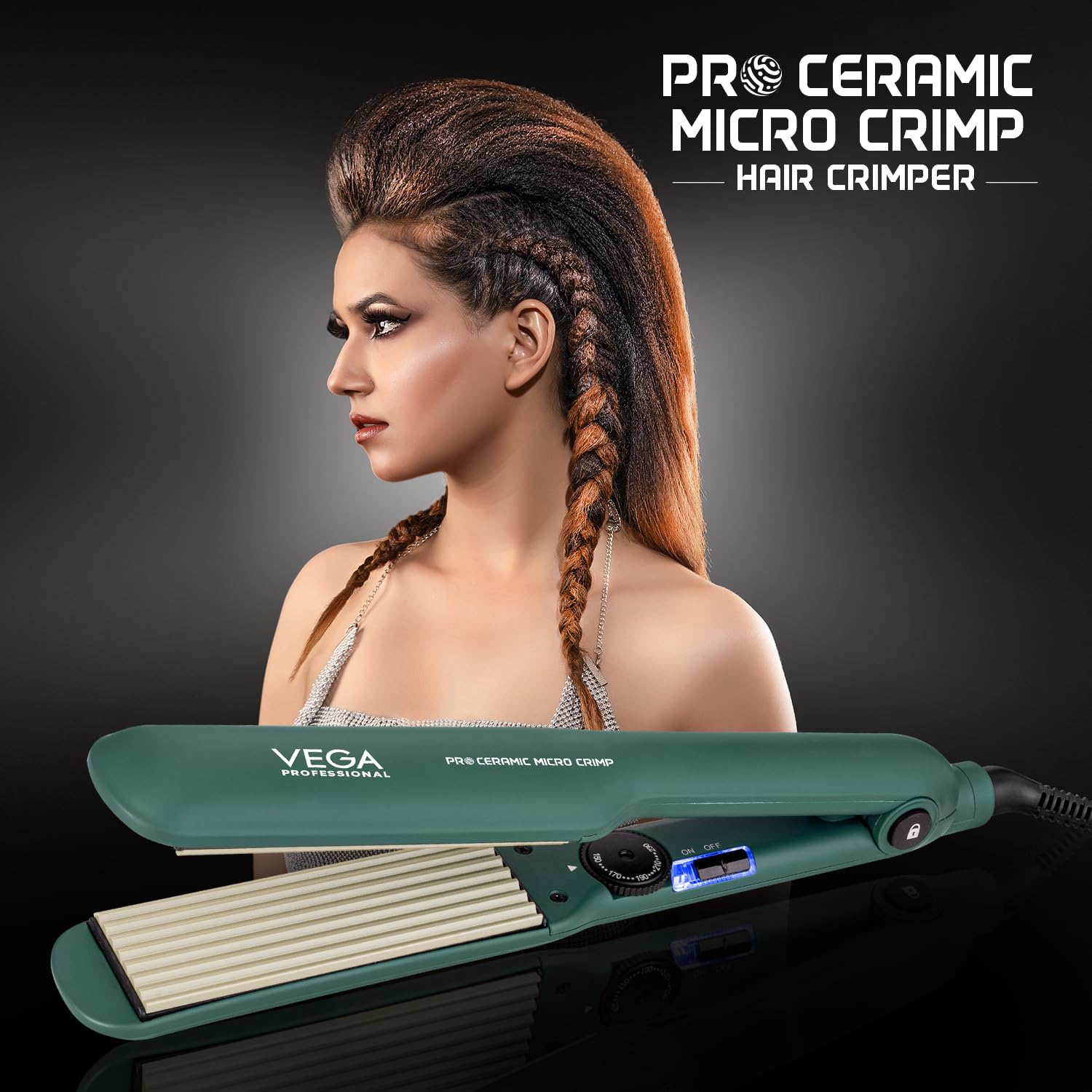 VEGA PROFESSIONAL Pro Ceramic Micro Crimp Hair Crimper with Ultra Fast Heatup, 5 Temperature Settings, 60 Min Auto Switch Off for Salon, Professional Hair Crimper, Green (VPPMS-11)