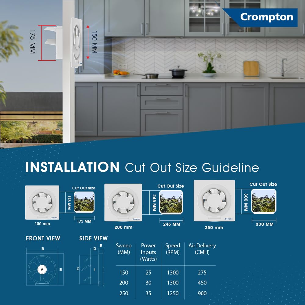 Crompton Brisk Air Plus 6 inch Kitchen/Bathroom/Office Exhaust (Ventilation) Fan | Automatic Dust Protection Shutters | 275 CMH Powerful Air Suction | Rust..