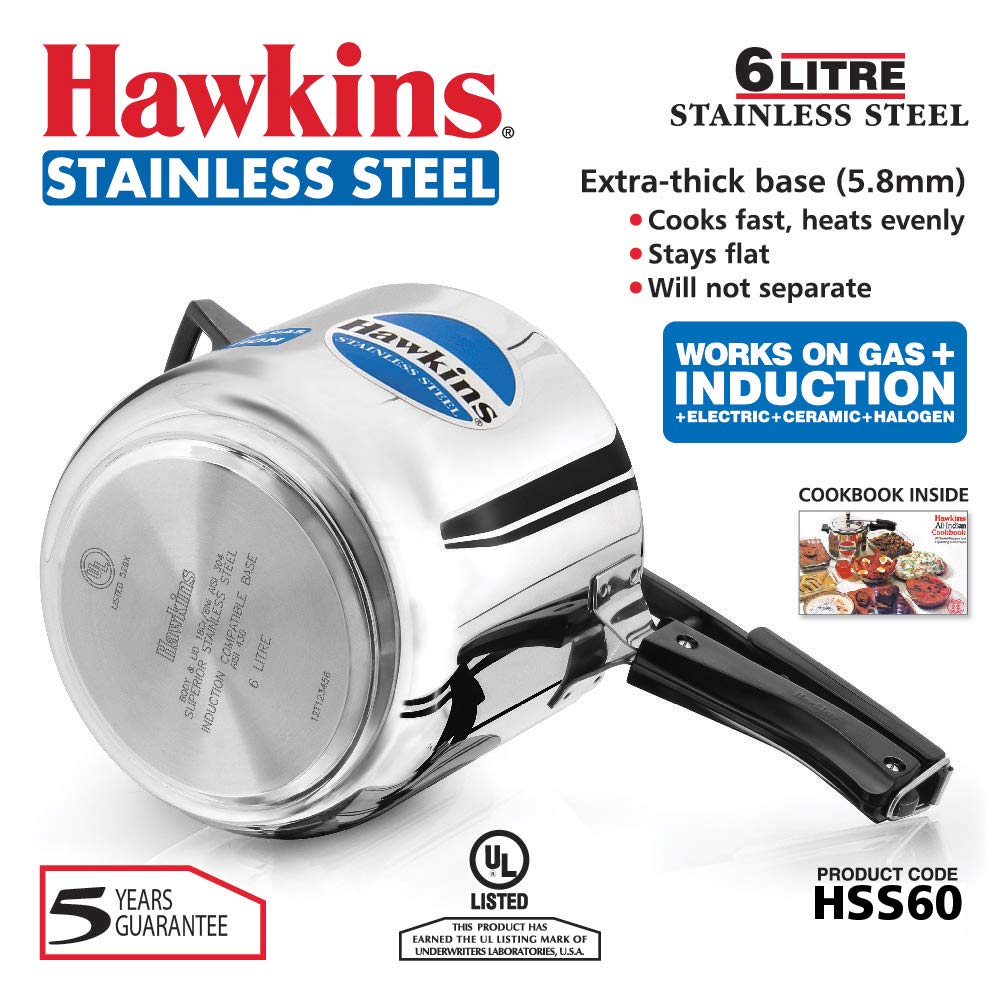 Hawkins 6 Litre Inner Lid Pressure Cooker, Stainless Steel Cooker, Induction Cooker, Silver (HSS60), 6 Liter