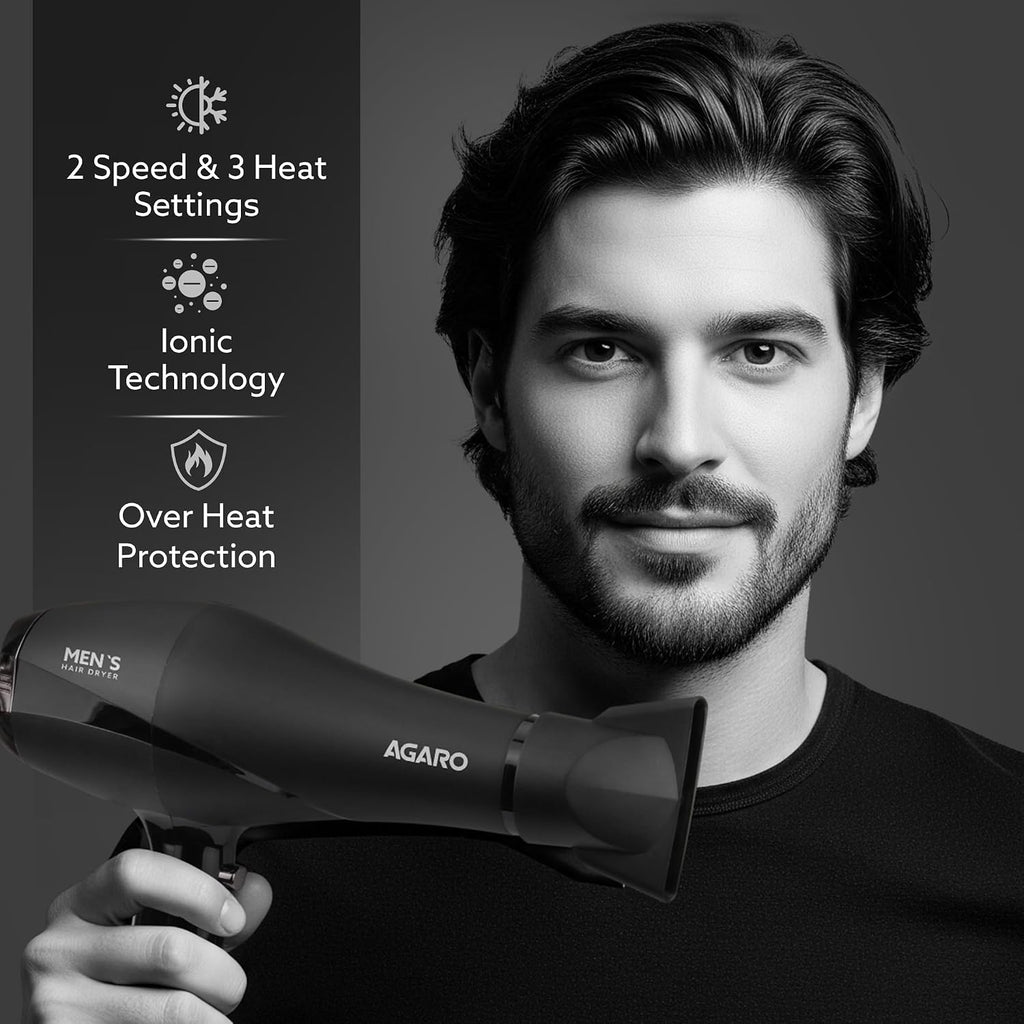 AGARO 2000W AC Professional Hair Dryer with Comb, Concentrator & Diffuser Nozzles, Hot & Cold Air, 2 Speed & 3 Temperature Settings with Cool Shot, 16A Socket, Hair Dryer & Blower for Men, Black