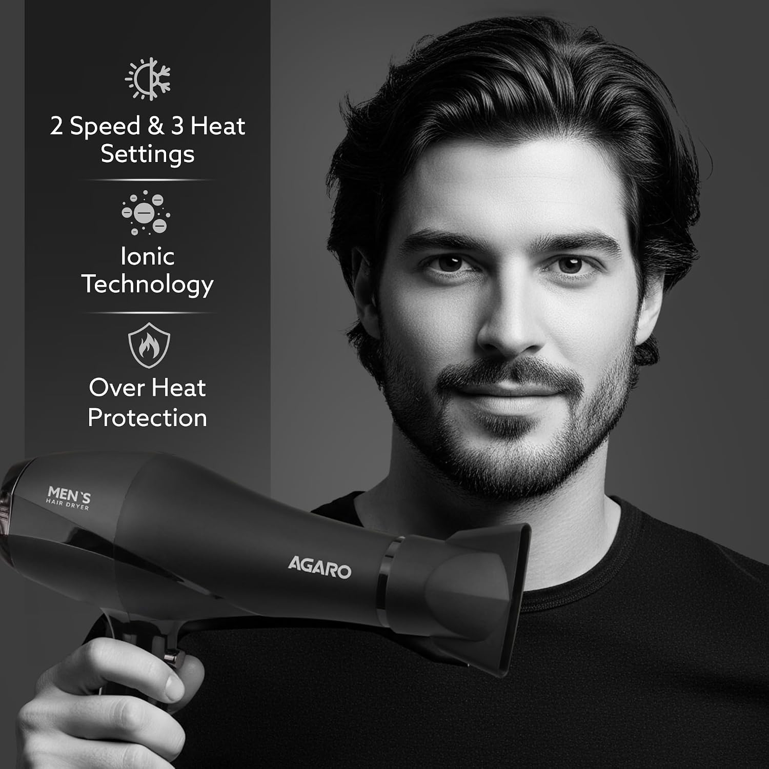 AGARO 2000W AC Professional Hair Dryer with Comb, Concentrator & Diffuser Nozzles, Hot & Cold Air, 2 Speed & 3 Temperature Settings with Cool Shot, 16A Socket, Hair Dryer & Blower for Men, Black