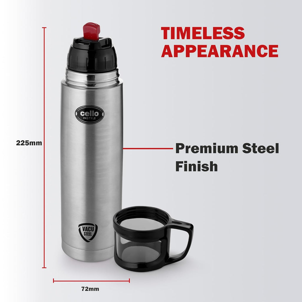 CELLO Instyle Insulated Stainless Steel Flask Water Bottle with Jacket For Daily Use 1000ml Silver | ISI Certified Double Wall Vacuum Insulated 24 Hrs Hot & Cold Thermos Water Bottle For Office Travel
