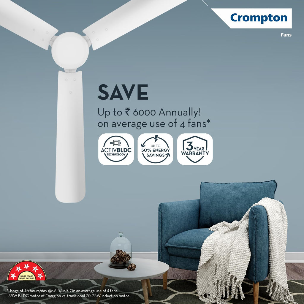 Crompton Energion Hyperjet 1200mm BLDC Ceiling Fan | Point Anywhere Remote Control | BEE 5 Star Rated Energy Efficient | Superior Air Delivery | Anti-Rust | 2 Year Manufacturer Warranty | Opal White