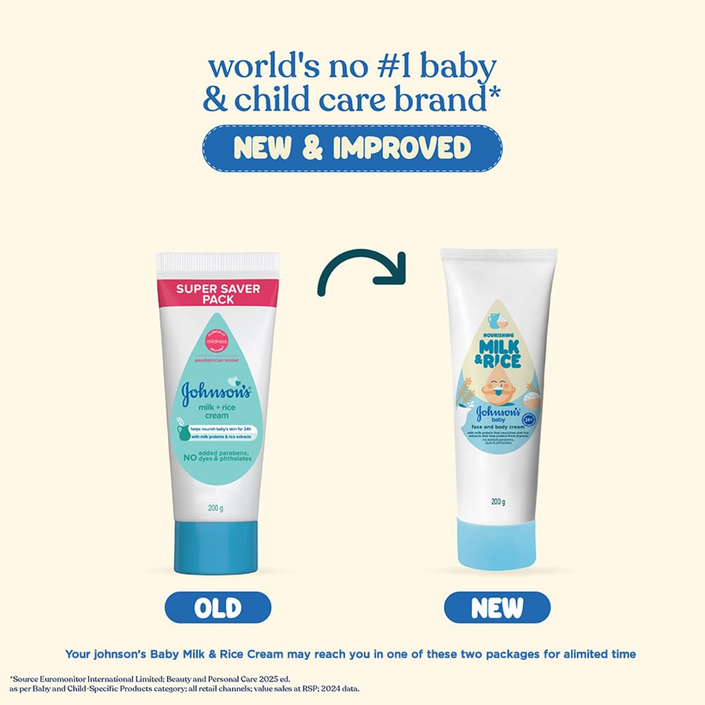 Johnson's Baby Milk and Rice Cream, 200g | Face & Body Cream for All Skin Types Including Sensitive Skin | With Milk Protein