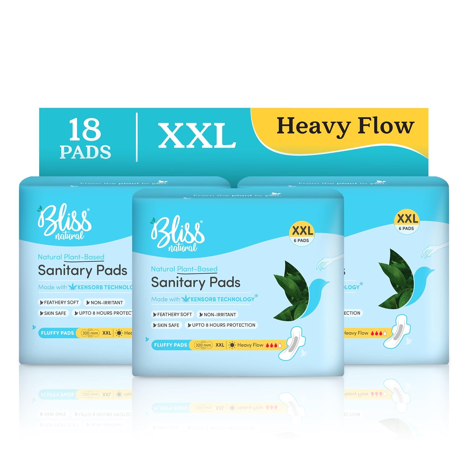 BLISSNATURAL Ultra Soft Sanitary Pads XXL | 18 Pads (3 Pack of 6)