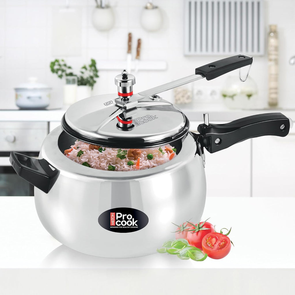 Milton Pro Cook Curve 5 Litres Pressure Cooker with Inner Lid, Aluminium, Non Induction Bottom, Handi Cooker, Silver, BIS Certified, 5 Years Warranty