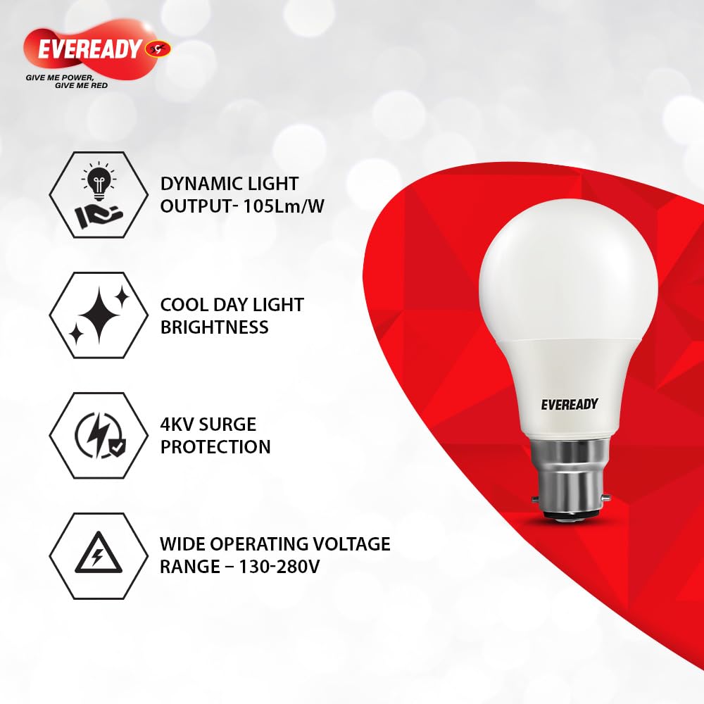 Eveready 5WPK10 Base B22 5-Watt LED Bulb (Cool Day Light) - Pack of 10