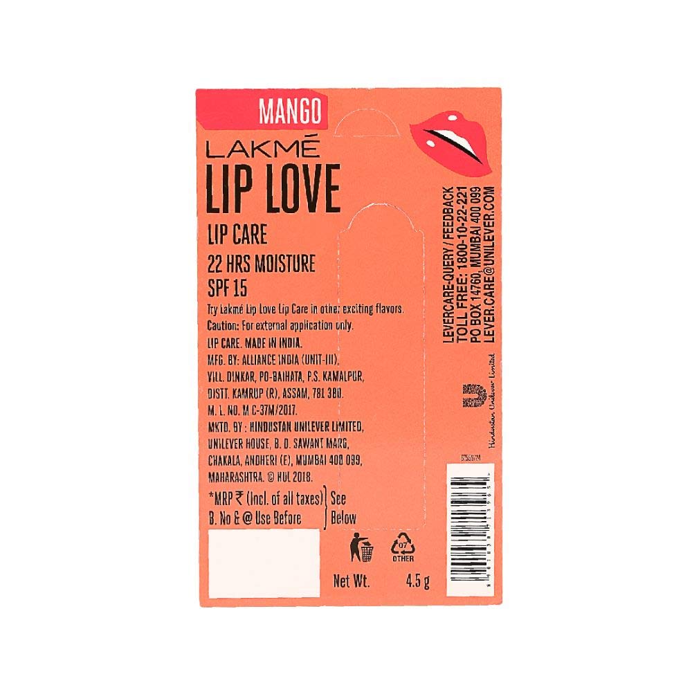 LAKMÉ Lip Love Spf 15 Lip Balm For Soft, Smooth, And Moisturised Lips, 4.5Gm-Mango,1 Count (Pack of 2)