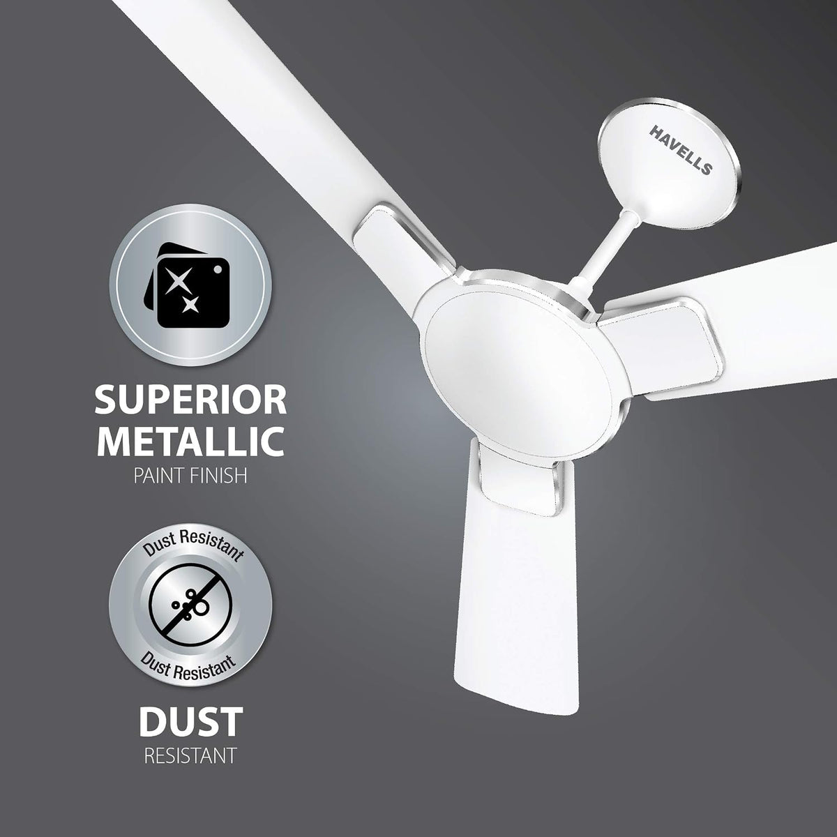 Havells Enticer 1200mm Decorative, Dust Resistant, High Power in Low Voltage (HPLV), High Speed Ceiling Fan (Matte White Chrome)