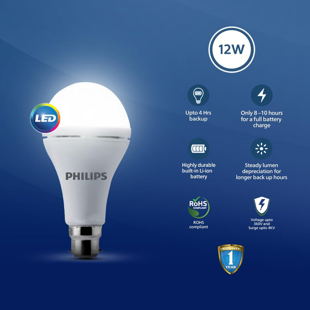 PHILIPS 12W Emergency Bulb | Rechargeable Emergency Bulb for Power Cuts | Backup : 4hrs, Cool Day Light,Pack of 4| b22d | LED