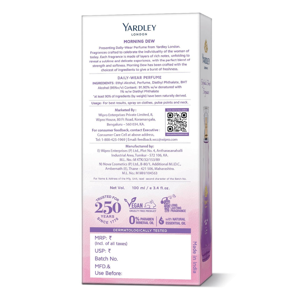 Yardley London Morning Dew Perfume for Women, 100ml – 90% Naturally Derived, Fresh Floral Daily Wear Spray | Lily of Valley & Frangipani Floral Fragrnace