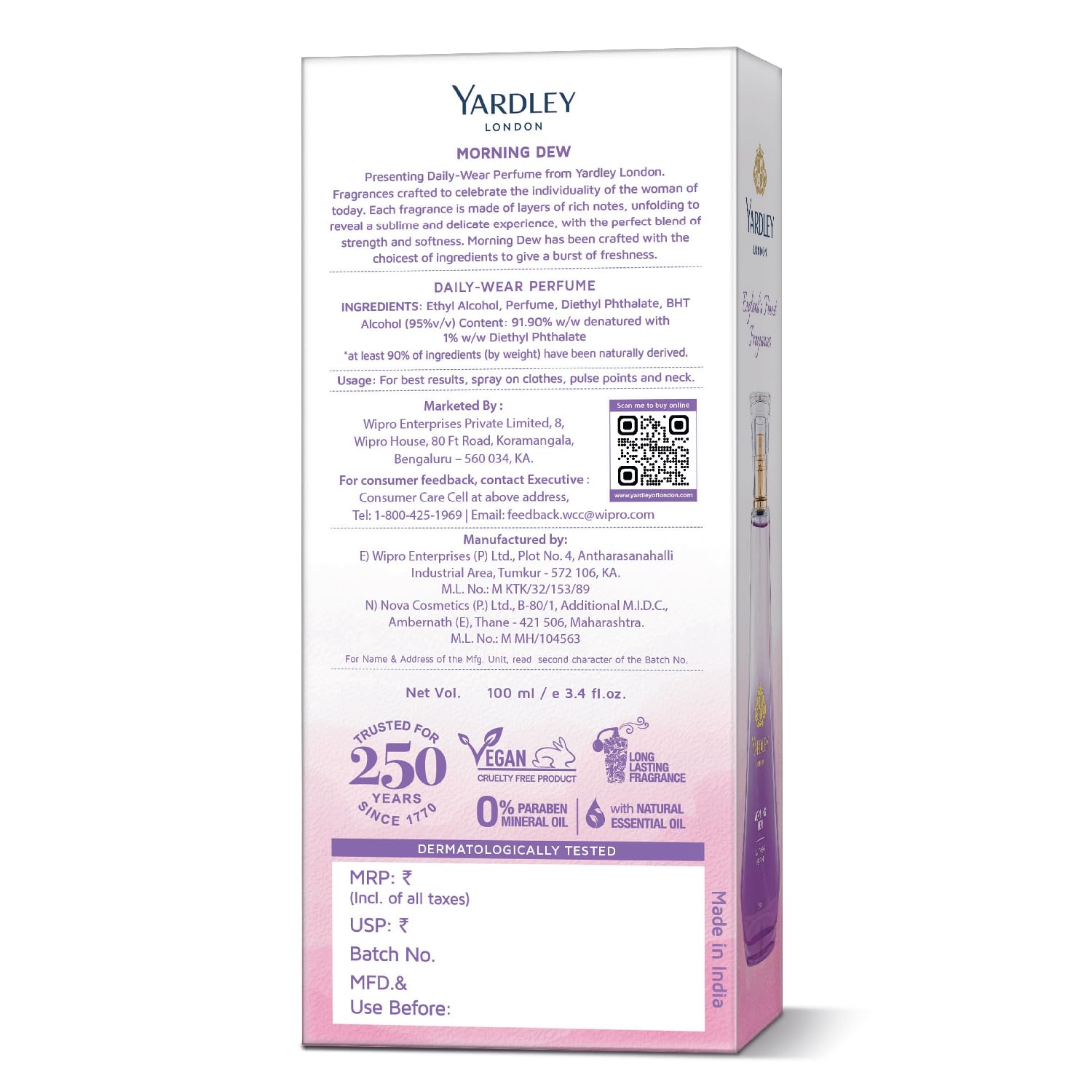 Yardley London Morning Dew Perfume for Women, 100ml – 90% Naturally Derived, Fresh Floral Daily Wear Spray | Lily of Valley & Frangipani Floral Fragrnace