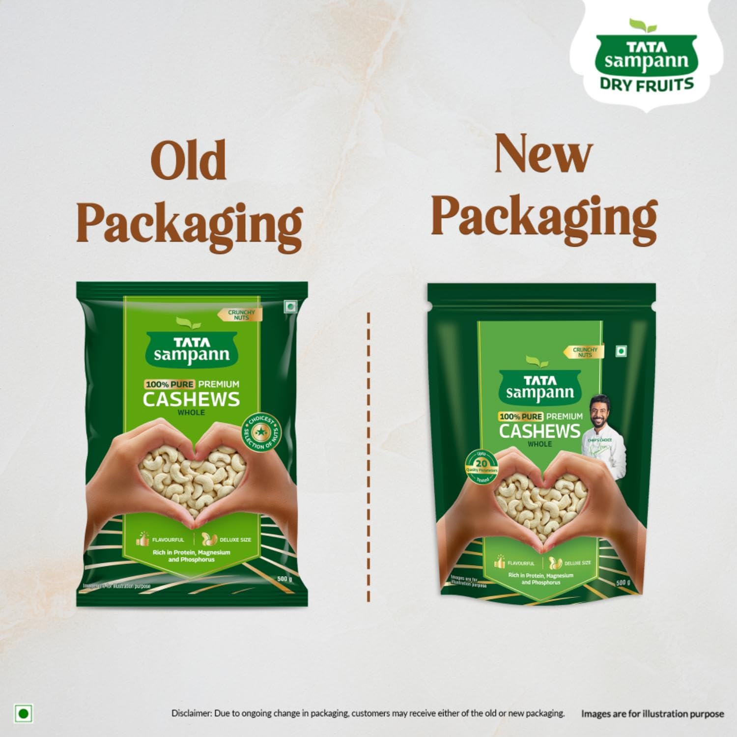 Tata Sampann Pure Cashews Whole/Kaju, 500g,