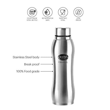 CELLO Aqua Pro Stainless Steel Water Bottle For Office & Daily Use 1000 ml, Silver | Single Wall Freezer & Fridge Safe, Lightweight Leakproof Rustproof Steel Water Bottle For School College Gym Travel