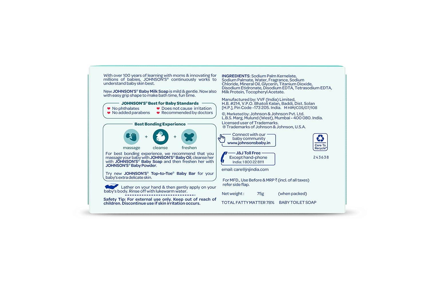JOHNSON'S Baby Milk Soap, 75G