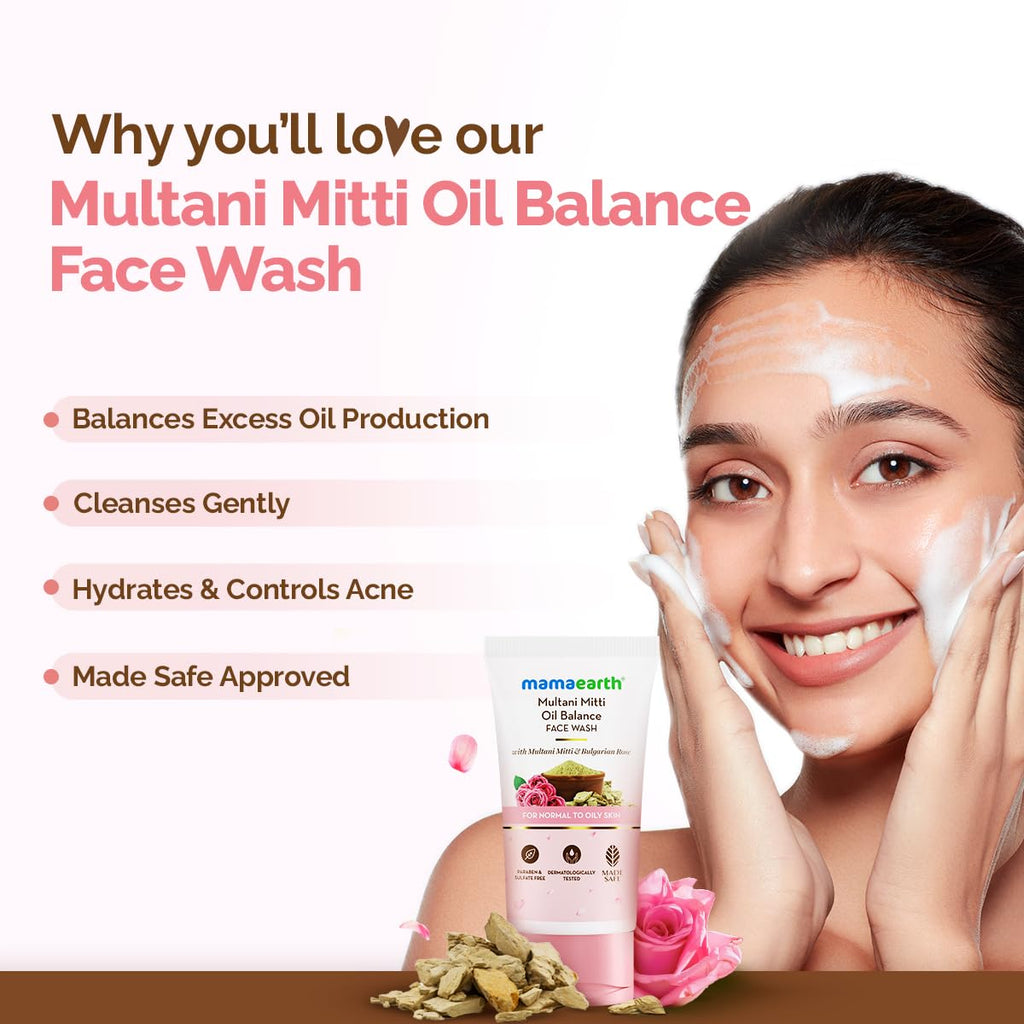 Mamaearth Multani Mitti Oil Balance Face Wash with Multani Mitti & Bulgarian Rose for Normal to Oily Skin - 150 ml