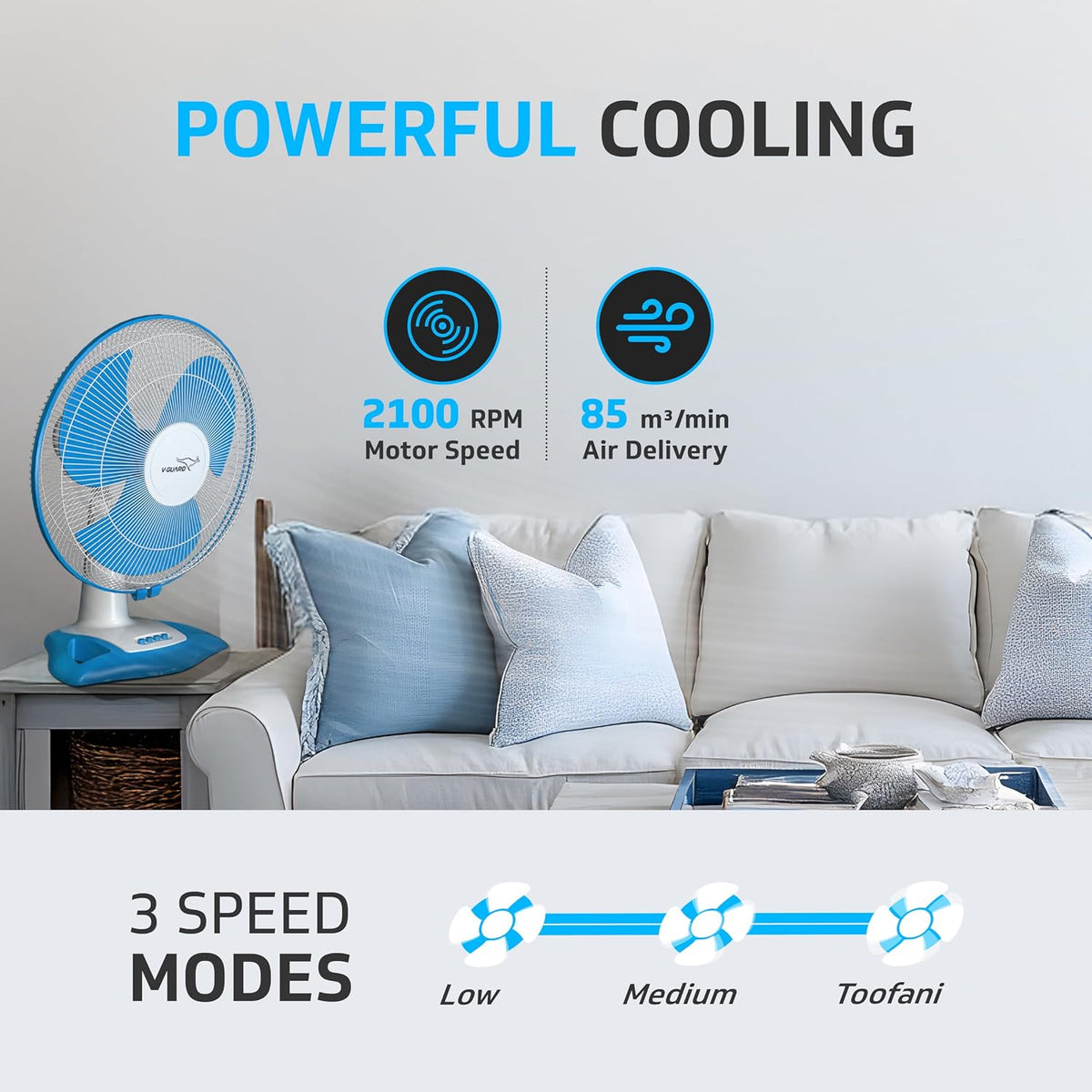 V-Guard Gatimaan High Speed 400mm Table Fan|2100 RPM Motor|White Blue