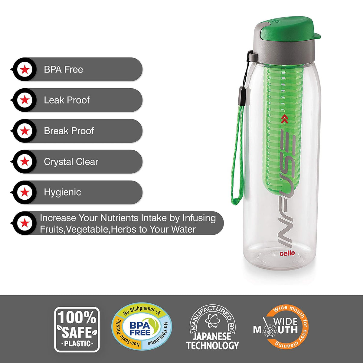 CELLO Fruit Infuser Water Bottle 800ml, Green | Wide Sealed Flip-Top Cap, Leak-Proof & Durable | Airtight, Reusable | Detox Infuser Bottle for Fridge, Gym, Office, Travel, Kitchen & Trekking