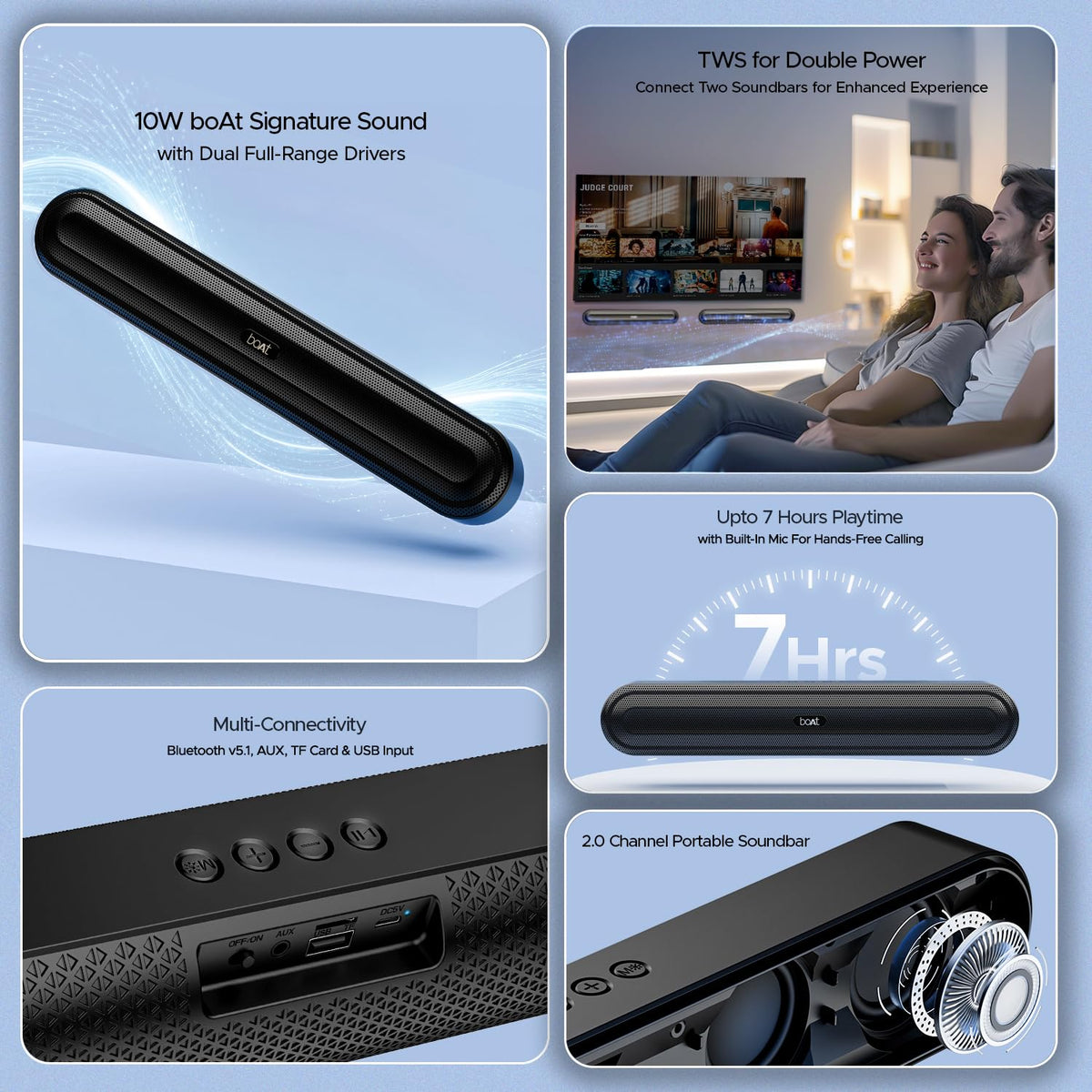 boAt Aavante Bar 490 10W Signature Sound, Dual Full-Range Drivers,7 HRS Battery, Built-in Mic,2.0 CH, Free Music Streaming on JioSaavn, Bluetooth Sound Bar,...