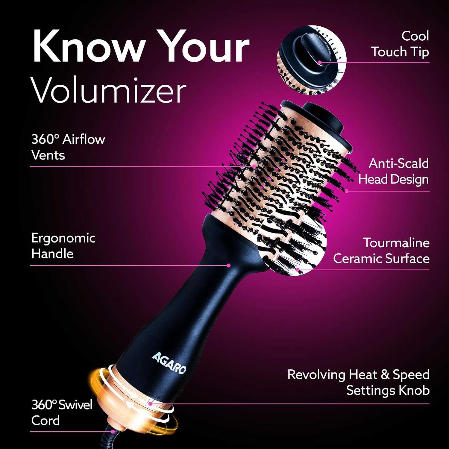 AGARO Hot Air Brush for Hair, Blow Dryer Brush, Volumizer & Styler, 360° Air flow Vent, Oval Barrel for Hair Volume, Charcoal Bristles, Ceramic Coating...