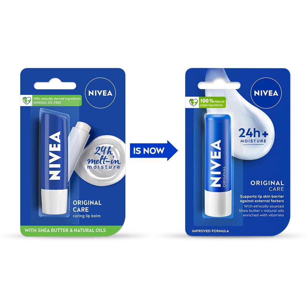 NIVEA Original Care 4.8g Lip Balm|24 H Melt in Moisture Formula|Natural Oils|Nourished Lips,4.8 g (Pack of 1)