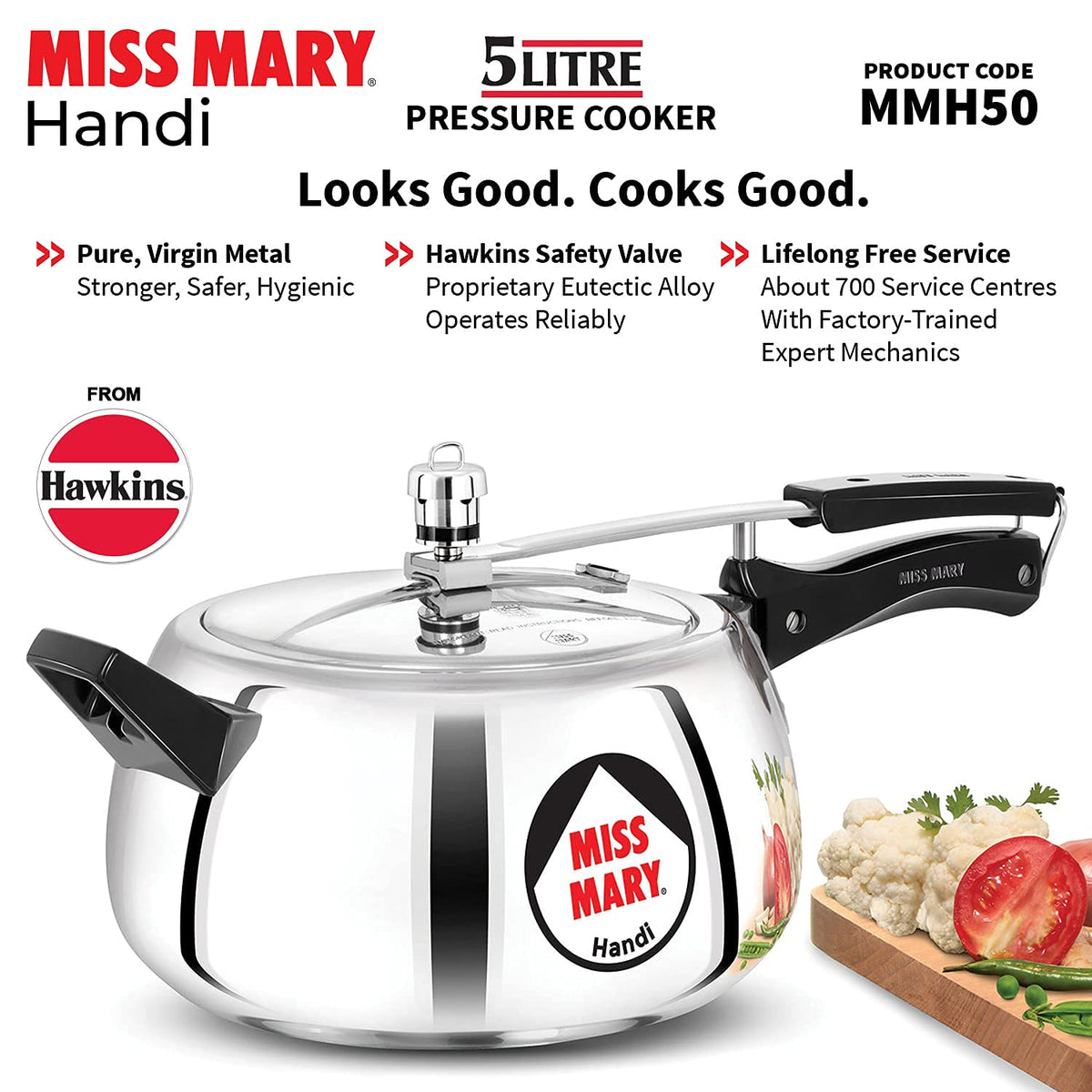 Hawkins Miss Mary Aluminium Inner Lid Handi Pressure Cooker, 3 Litre And 5 Litre, Combo Set, Silver, 3 Liter