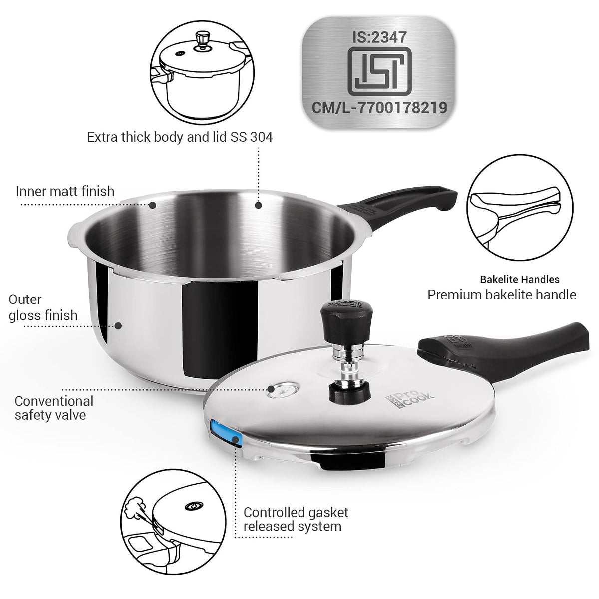 Milton Pro Cook Triply Pressure Cooker Stainless Steel with Outer Lid, 2 Litres, Induction and Gas Stove Compatible, Gasket Release System, 5 Years Warranty, ISI Certified, Silver