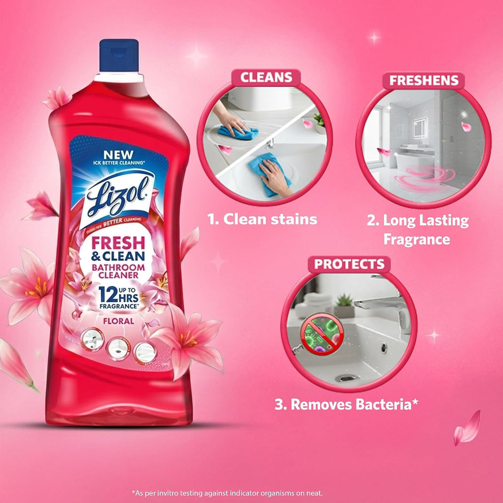 Lizol Fresh & Clean Bathroom Cleaner | Floral | 1L | 10X Better Cleaning | Upto 12Hrs Fragrance| Multi Surface Clean Floors, Basin, Tiles