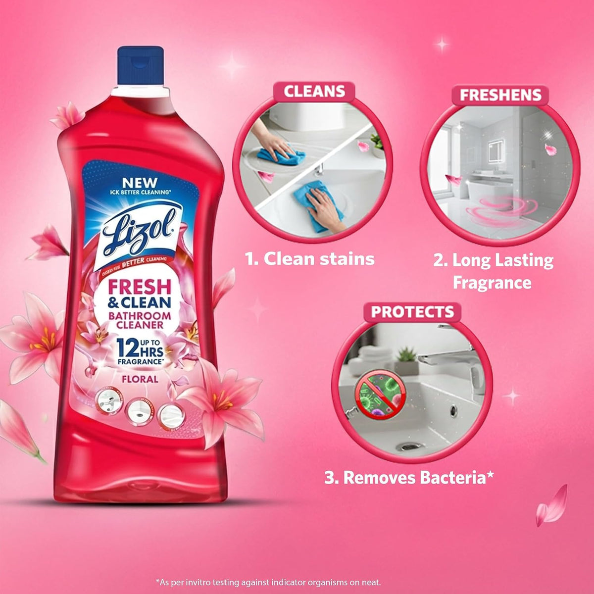 Lizol Fresh & Clean Bathroom Cleaner | Floral | 1L | 10X Better Cleaning | Upto 12Hrs Fragrance| Multi Surface Clean Floors, Basin, Tiles