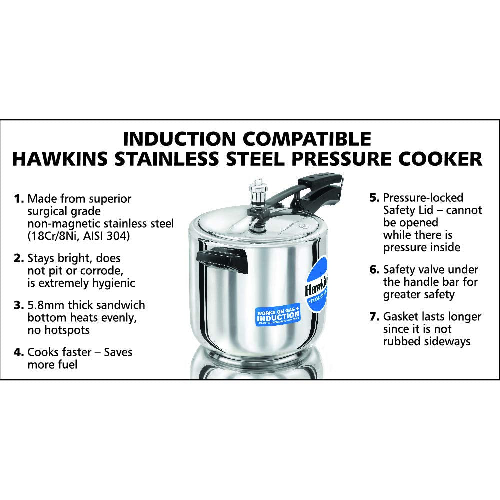 Hawkins 6 Litre Inner Lid Pressure Cooker, Stainless Steel Cooker, Induction Cooker, Silver (HSS60), 6 Liter