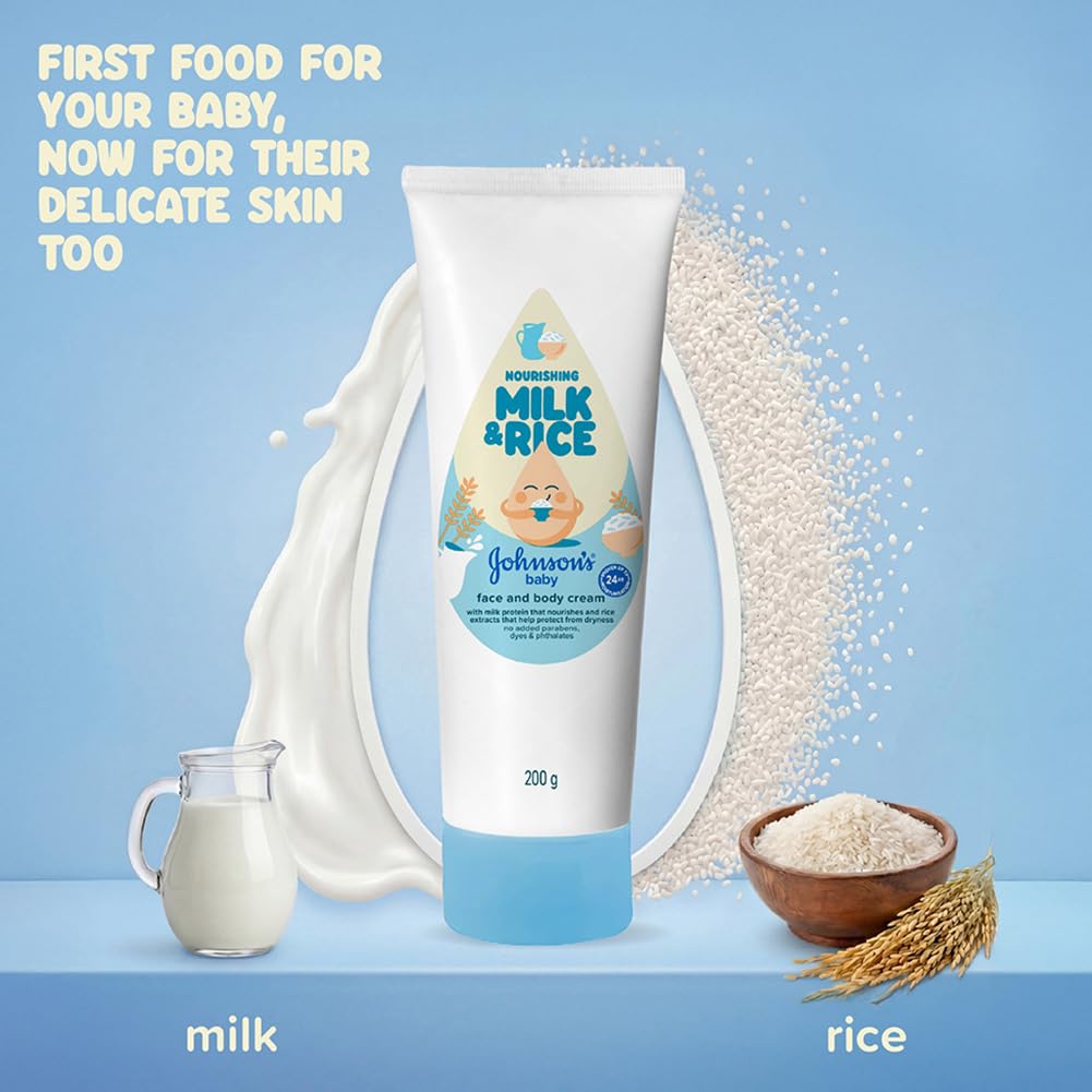 Johnson's Baby Milk and Rice Cream, 200g | Face & Body Cream for All Skin Types Including Sensitive Skin | With Milk Protein