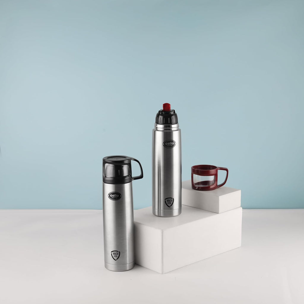 CELLO Instyle Insulated Stainless Steel Flask Water Bottle with Jacket For Daily Use 1000ml Silver | ISI Certified Double Wall Vacuum Insulated 24 Hrs Hot & Cold Thermos Water Bottle For Office Travel