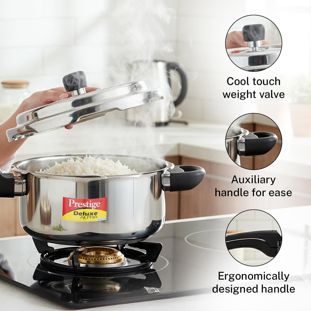 Prestige 3 Litre Stainless Steel Deluxe Alpha Svachh Outer Lid Pressure Cooker | 10Y Warranty | Deep Lid for Spillage Control | TRIPLY Base | Gasket Release System | Gas & Induction Compatible | ISI
