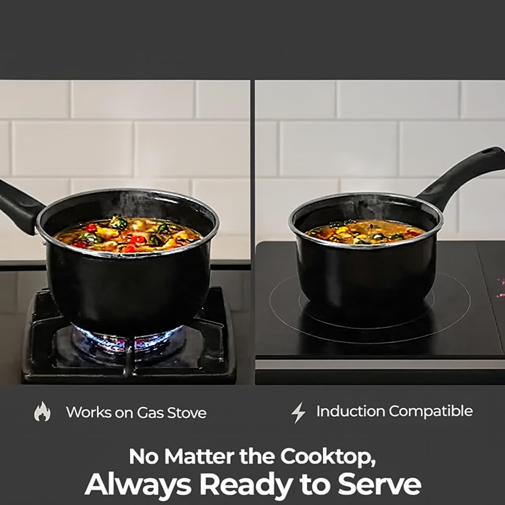Saucepan for Tea & Milk | Induction & Gas Compatible Milk Pan | Tea/Chai Making Pan with Handle | Milk Boiling Pot | Small Kitchen Cookware (Black, 1700ml)