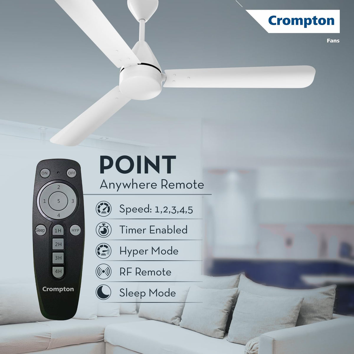 Crompton Energion Hyperjet 1200mm BLDC Ceiling Fan | Point Anywhere Remote Control | BEE 5 Star Rated Energy Efficient | Superior Air Delivery | Anti-Rust | 2 Year Manufacturer Warranty | Opal White