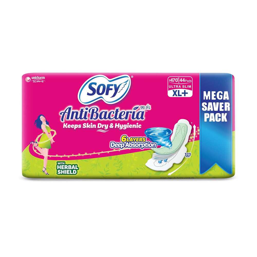 Sofy AntiBacteria XL+ - 323mm | 44 Countpads |For Women Sanitary Pads | Keep Skin Dry | 6 Layer Deep Absorption | Herbal Sheild | Hygiene & Herbs | XX-Large