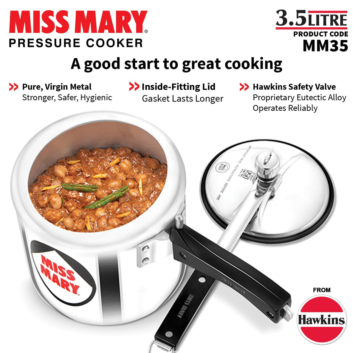 Hawkins 3.5 Litre Miss Mary Pressure Cooker, Inner Lid Cooker, Silver (MM35)