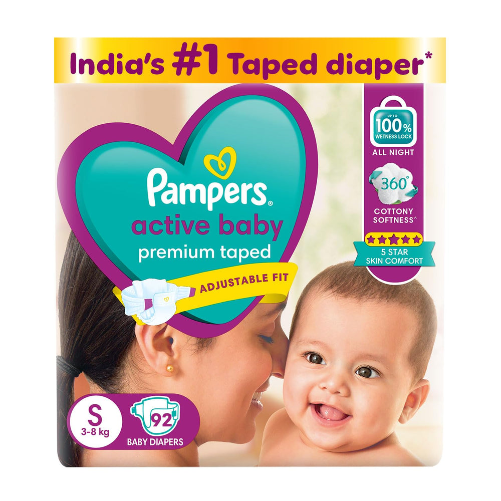 Pampers Active Baby Taped Diapers, Small size diapers, (S) 92 count, taped style custom fit | Taped Style, Custom Fit