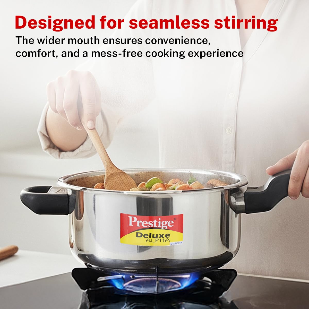 Prestige 3 Litre Stainless Steel Deluxe Alpha Svachh Outer Lid Pressure Cooker | 10Y Warranty | Deep Lid for Spillage Control | TRIPLY Base | Gasket Release System | Gas & Induction Compatible | ISI