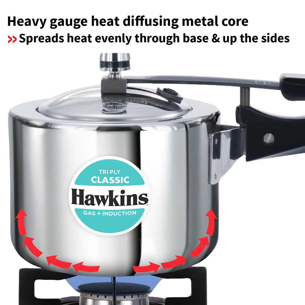 Hawkins Classic 1.5 Litre Triply Stainless Steel Pressure Cooker | Straight Body | Induction & Gas Compatible | Ideal for 1–2 persons | ISI Certified | Guaranteed for 5 year | Silver (SSTCL15)