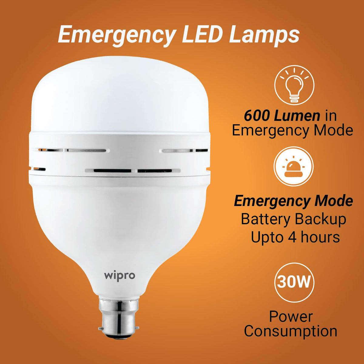 wipro Garnet 30w LED Emergency Bulb | Cool Day White (6500K) | B22 | Inverter Bulb for Home | Upto 10 Hours Back up with dimmable Modes | Li-ion Battery | Over Charging Protection | Pack of 1