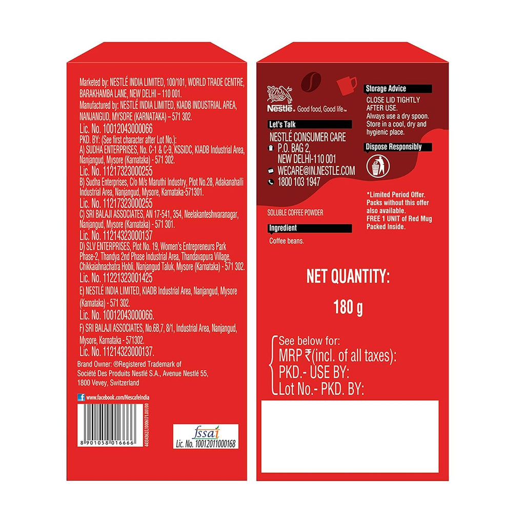 Nescafé Classic Instant Coffee Powder, 180g Jar with free red mug