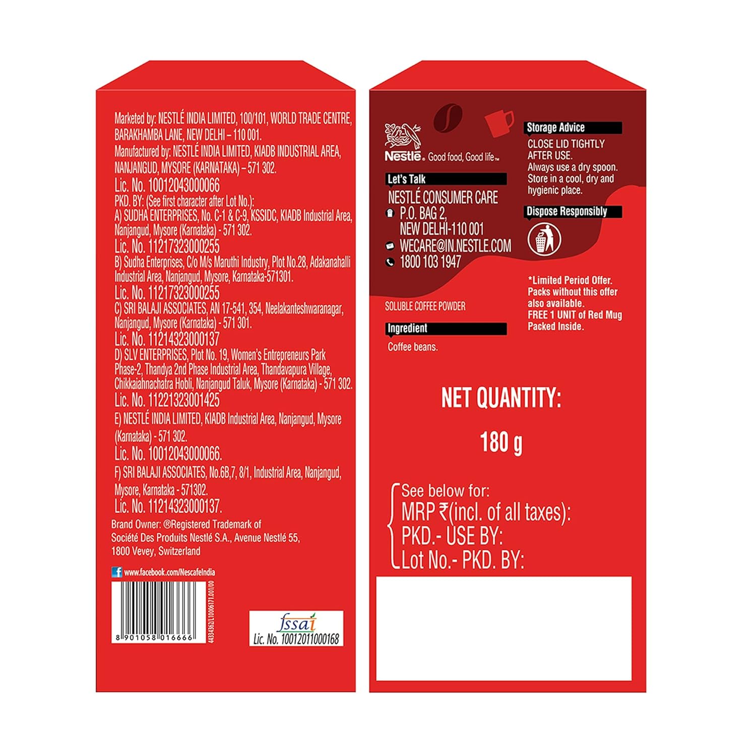 Nescafé Classic Instant Coffee Powder, 180g Jar with free red mug