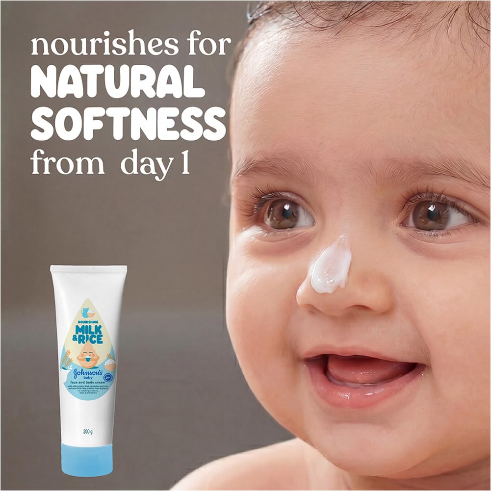 Johnson's Baby Milk and Rice Cream, 200g | Face & Body Cream for All Skin Types Including Sensitive Skin | With Milk Protein