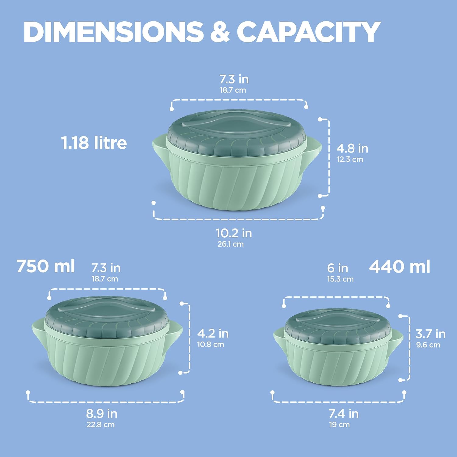 Milton Flora Jr Set Insulated Inner Steel Casserole for Roti, 3 Pc (380ml, 630ml & 1.05 L)