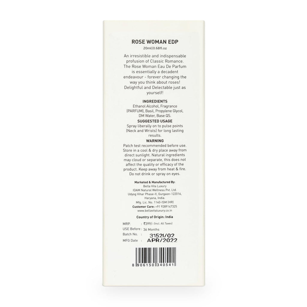 Bella Vita Luxury Organic Luxury Rose Woman Eau De Parfum Liquid Perfume for Women with Woody Rose, Jasmine, Black Currant, Vanilla & Amber | Long...