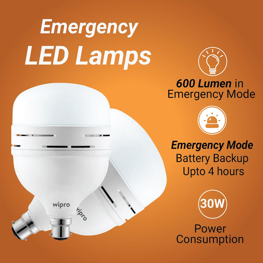 wipro Garnet 30w LED Emergency Bulb | Cool Day White (6500K) | B22 | Inverter Bulb for Home | Upto 10 Hours Back up with dimmable Modes | Li-ion Battery | Over Charging Protection | Pack of 1